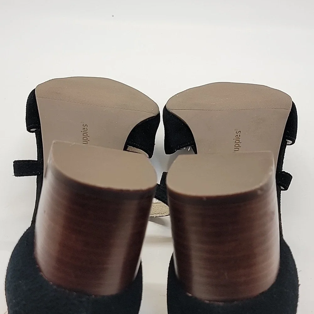 HUSH PUPPIES Sofie Cross Strap Black Suede Leather Womens Sz 9 Mid Block Heels‎